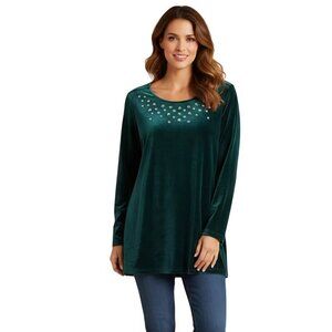 Quacker Factory Emerald Green Velvet Embellished Tunic Top Chunky Stones Size XL